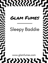 A card with a geometric pattern in black and white, featuring the text 'Glam Fumes' and 'Sleepy Baddie' perfume and body oil in a bold font.